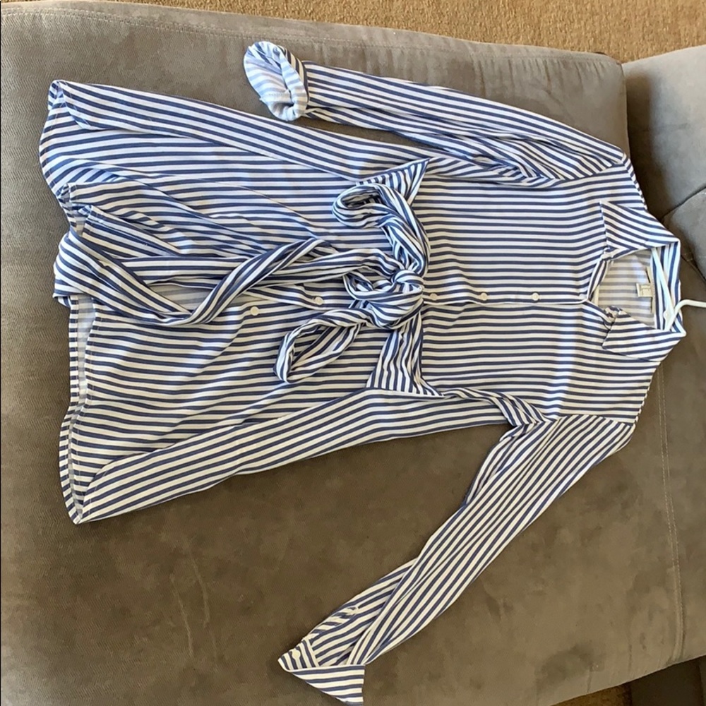 Blue and white stripped front tie dress